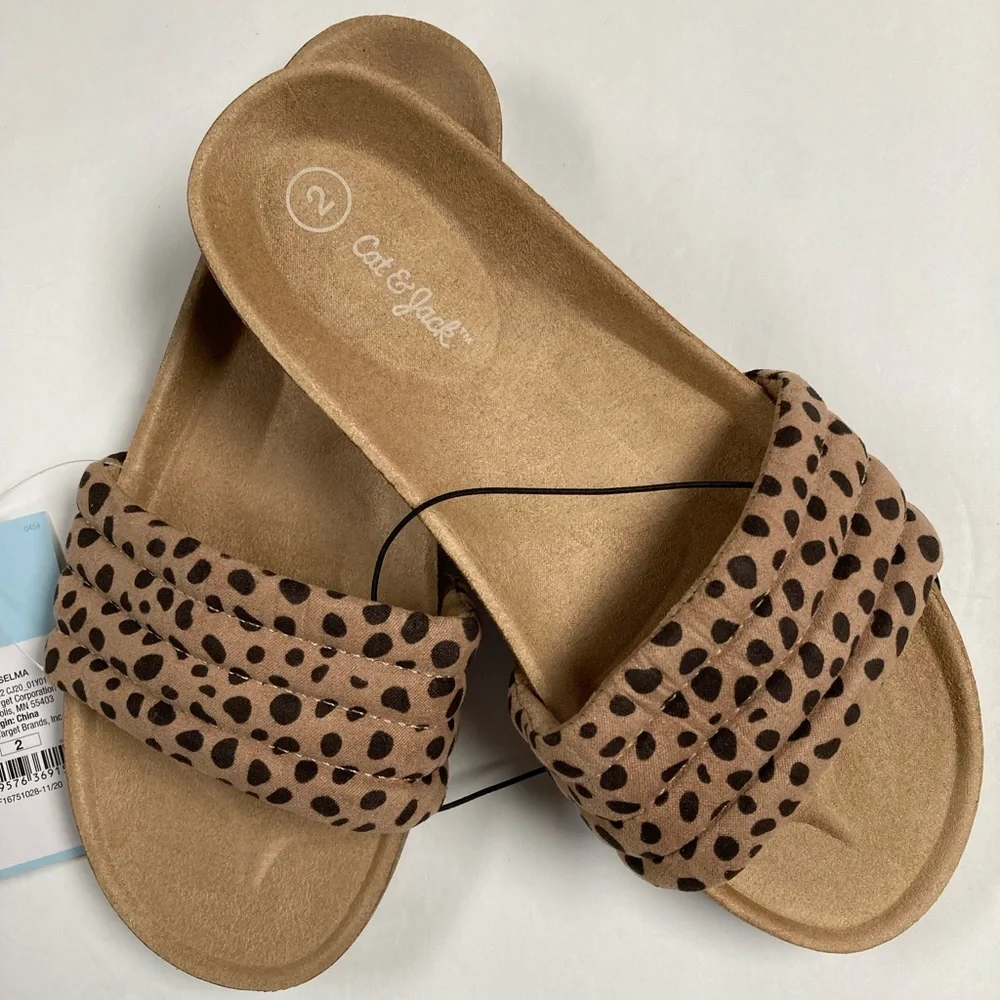 Girls Sandals Leopard Print Selma Tan with Black Spots Slip On Shoes Cat & Jack - Picture 1 of 9